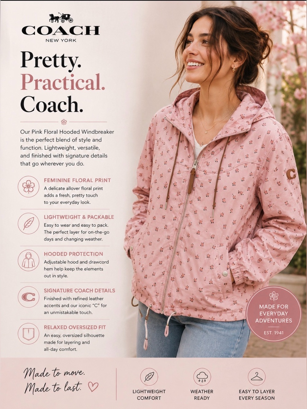 Coach Pink Floral Hooded Windbreaker ( oversized medium)